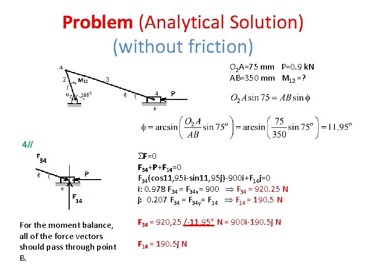 Problem (Analytical Solution) (without friction) 2 O 2 A=75 mm P=0. 9 k. N Problem (Analytical Solution) (without friction) 2 O 2 A=75 mm P=0. 9 k. N