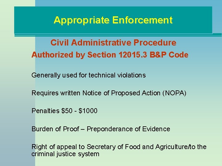 Appropriate Enforcement Civil Administrative Procedure Authorized by Section 12015. 3 B&P Code Generally used