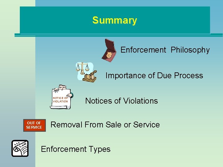 Summary Enforcement Philosophy Importance of Due Process NOTICE OF VIOLATION OUT OF SERVICE Notices