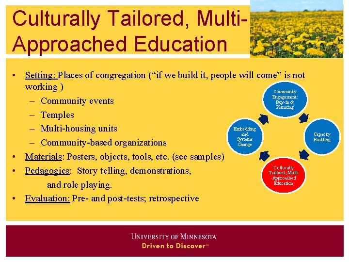 Culturally Tailored, Multi. Approached Education • Setting: Places of congregation (“if we build it,