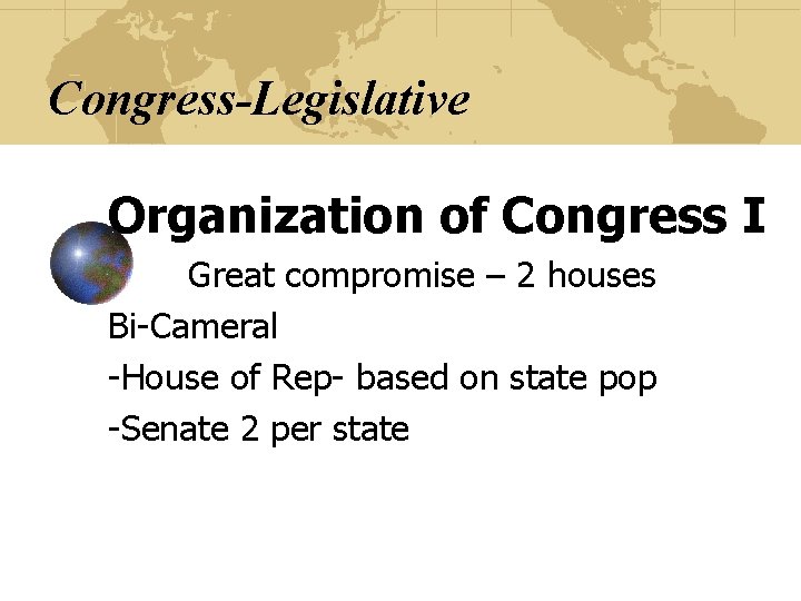 Congress-Legislative Organization of Congress I Great compromise – 2 houses Bi-Cameral -House of Rep-