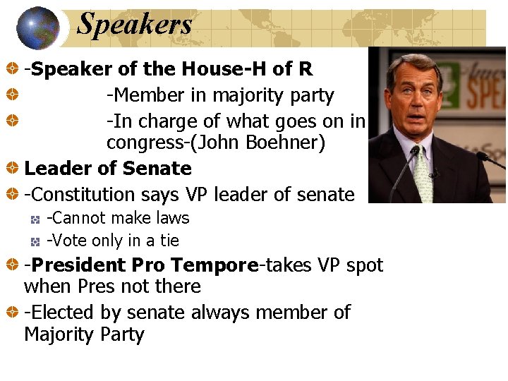 Speakers -Speaker of the House-H of R -Member in majority party -In charge of