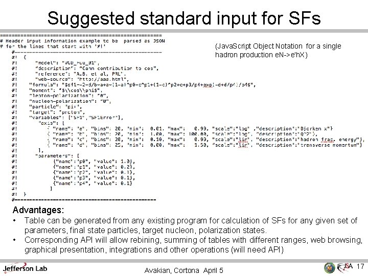 Suggested standard input for SFs (Java. Script Object Notation for a single hadron production