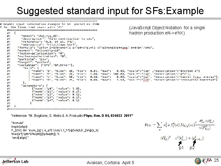 Suggested standard input for SFs: Example (Java. Script Object Notation for a single hadron