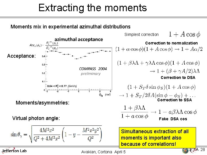 Extracting the moments Moments mix in experimental azimuthal distributions Simplest correction Correction to normalization