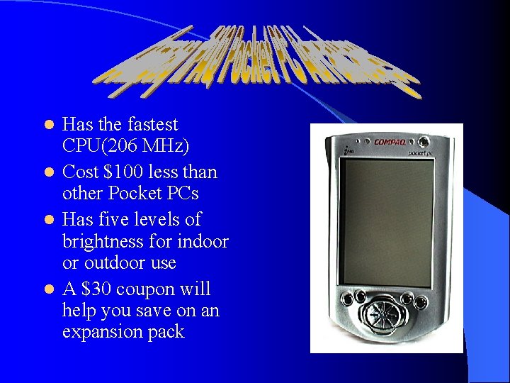 Has the fastest CPU(206 MHz) l Cost $100 less than other Pocket PCs l