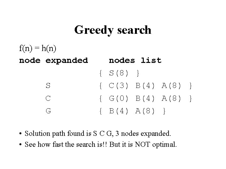 Greedy search f(n) = h(n) node expanded S C G { { nodes list