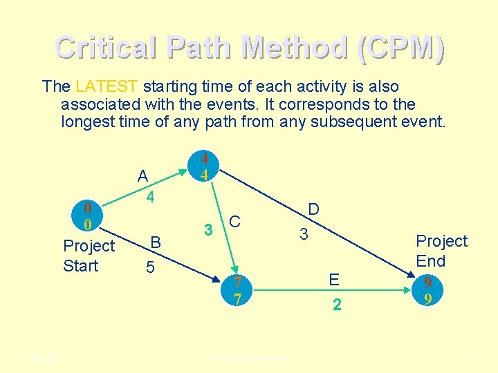 Critical Path Method (CPM) The LATEST starting time of each activity is also associated Critical Path Method (CPM) The LATEST starting time of each activity is also associated