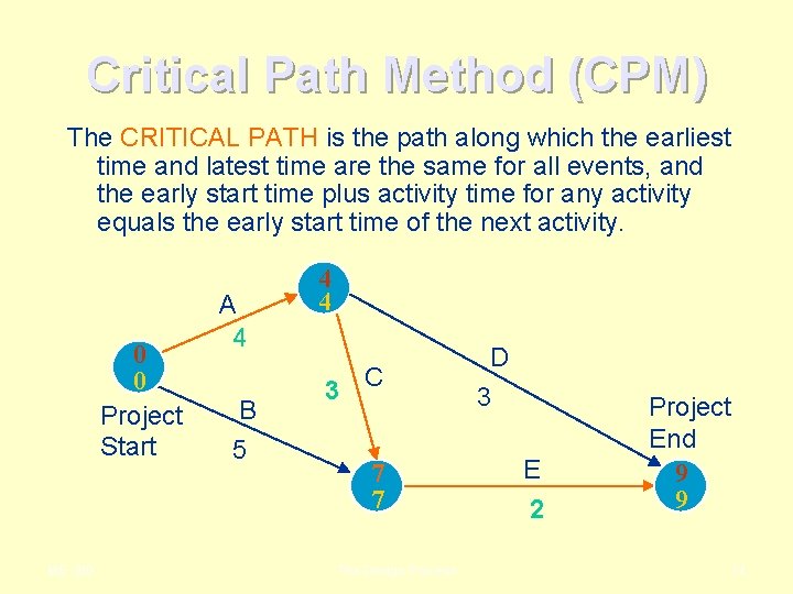 Critical Path Method (CPM) The CRITICAL PATH is the path along which the earliest