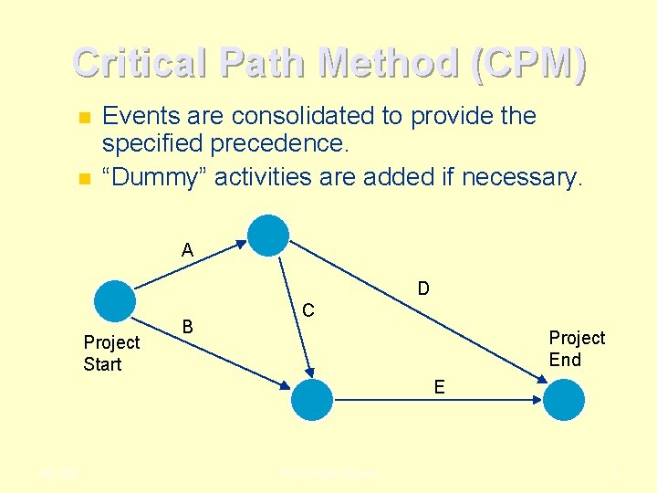 Critical Path Method (CPM) n n Events are consolidated to provide the specified precedence.