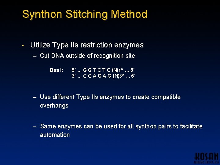 Synthon Stitching Method • Utilize Type IIs restriction enzymes – Cut DNA outside of Synthon Stitching Method • Utilize Type IIs restriction enzymes – Cut DNA outside of