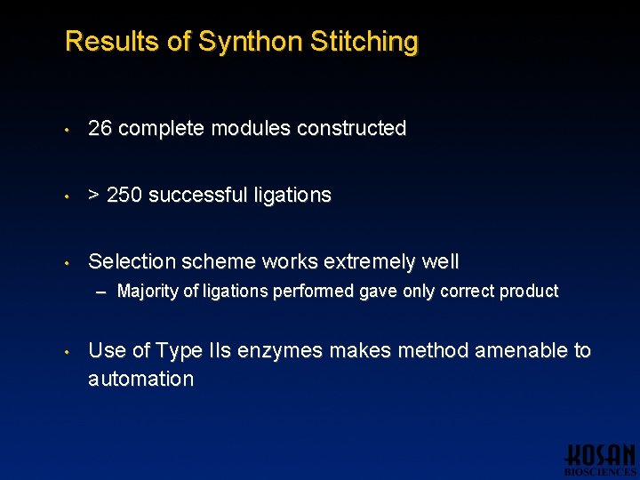 Results of Synthon Stitching • 26 complete modules constructed • > 250 successful ligations Results of Synthon Stitching • 26 complete modules constructed • > 250 successful ligations