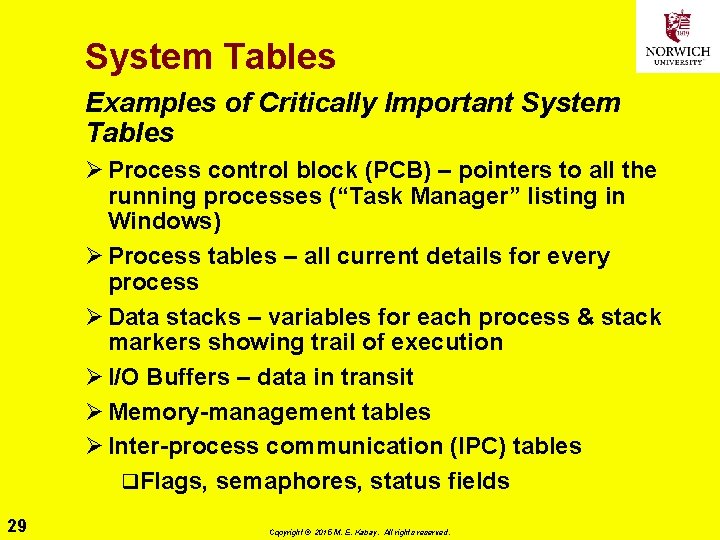 System Tables Examples of Critically Important System Tables Ø Process control block (PCB) –