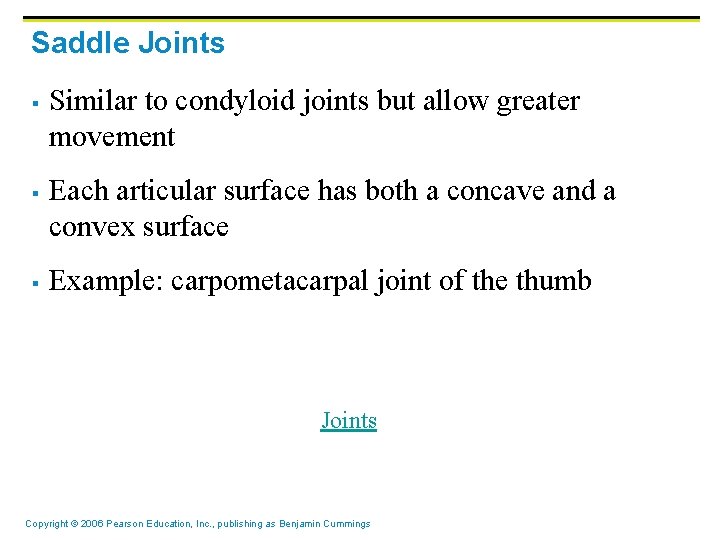 Saddle Joints § § § Similar to condyloid joints but allow greater movement Each