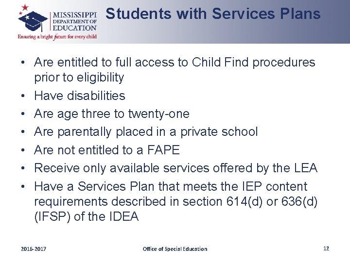 Students with Services Plans • Are entitled to full access to Child Find procedures