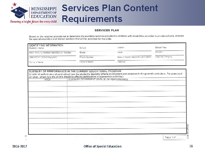 Services Plan Content Requirements 2016 -2017 Office of Special Education 16 