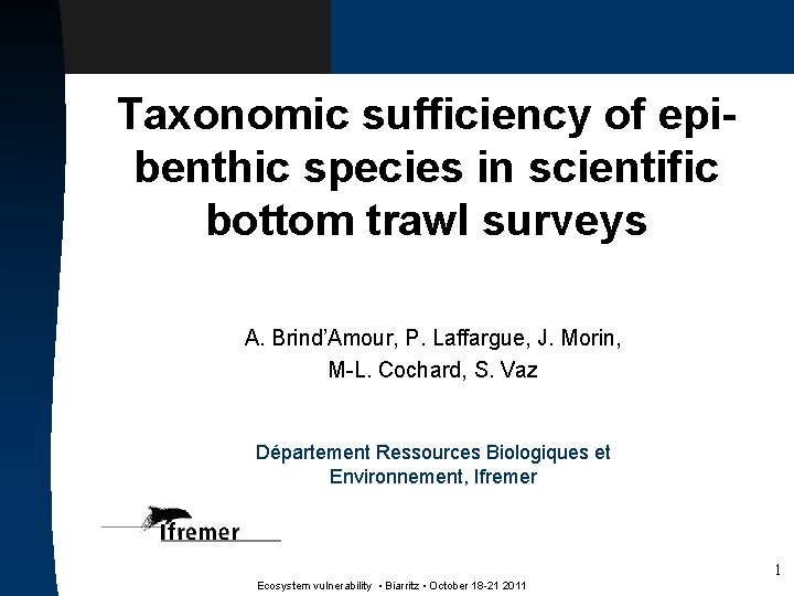 Taxonomic sufficiency of epibenthic species in scientific bottom trawl surveys A. Brind’Amour, P. Laffargue,