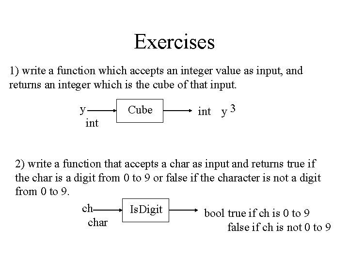 Exercises 1) write a function which accepts an integer value as input, and returns