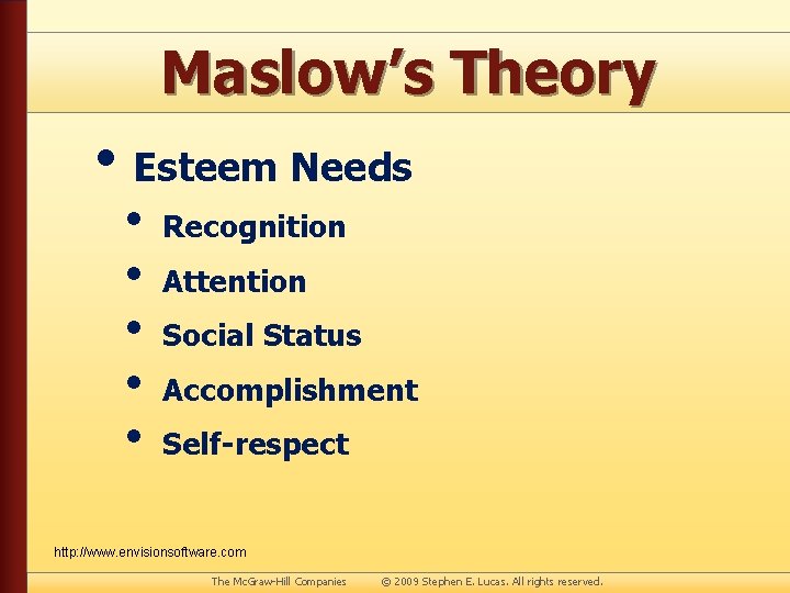 Maslow’s Theory • Esteem Needs • • • Recognition Attention Social Status Accomplishment Self-respect