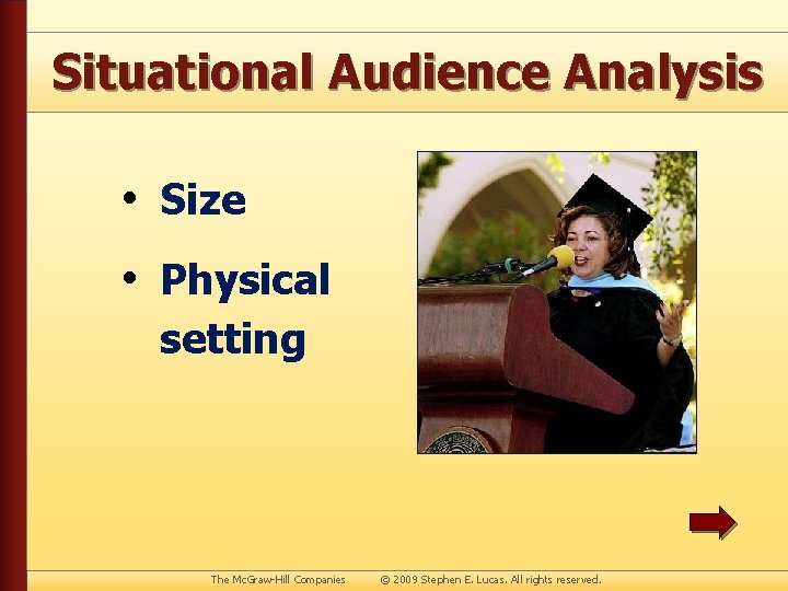 Situational Audience Analysis • Size • Physical setting The Mc. Graw-Hill Companies © 2009