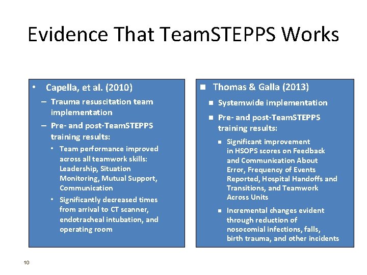 Evidence That Team. STEPPS Works • Capella, et al. (2010) – Trauma resuscitation team