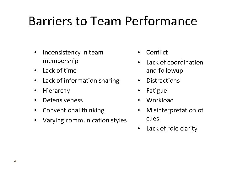 Barriers to Team Performance • Inconsistency in team membership • Lack of time •