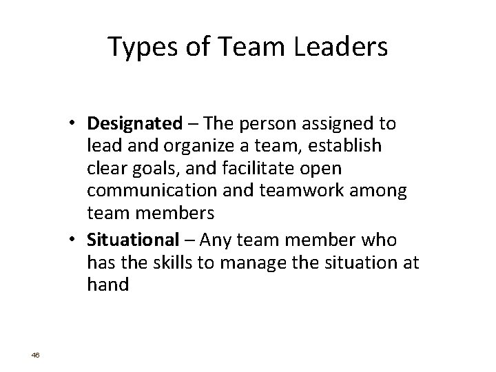 Types of Team Leaders • Designated – The person assigned to lead and organize