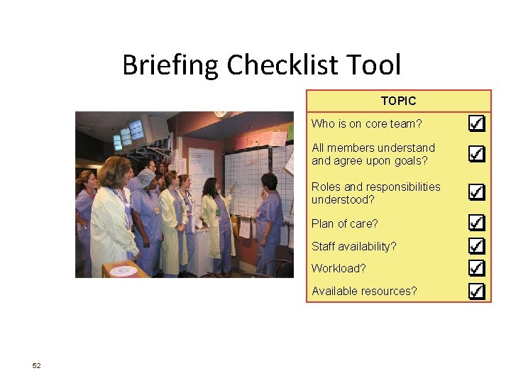 Briefing Checklist Tool TOPIC Who is on core team? All members understand agree upon