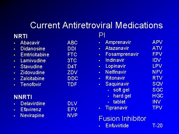 Current Antiretroviral Medications PI NRTI § § § § Abacavir Didanosine Emtricitabine Lamivudine Stavudine Current Antiretroviral Medications PI NRTI § § § § Abacavir Didanosine Emtricitabine Lamivudine Stavudine