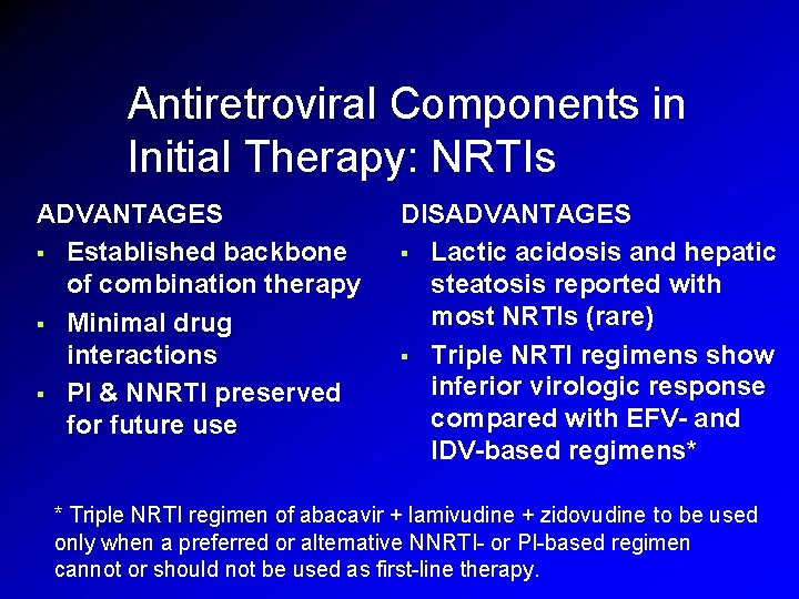 Antiretroviral Components in Initial Therapy: NRTIs ADVANTAGES § Established backbone of combination therapy § Antiretroviral Components in Initial Therapy: NRTIs ADVANTAGES § Established backbone of combination therapy §
