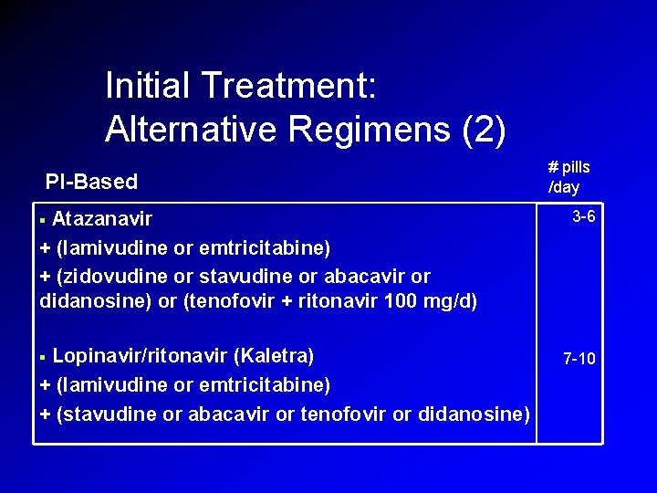 Initial Treatment: Alternative Regimens (2) PI-Based Atazanavir + (lamivudine or emtricitabine) + (zidovudine or Initial Treatment: Alternative Regimens (2) PI-Based Atazanavir + (lamivudine or emtricitabine) + (zidovudine or