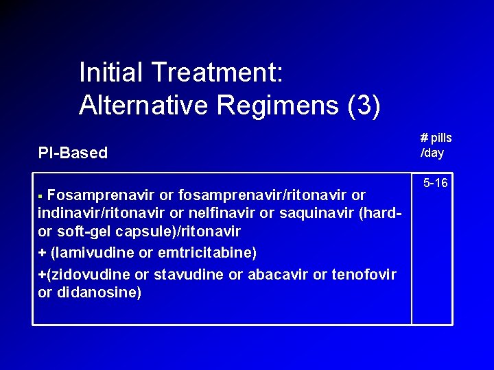 Initial Treatment: Alternative Regimens (3) PI-Based Fosamprenavir or fosamprenavir/ritonavir or indinavir/ritonavir or nelfinavir or Initial Treatment: Alternative Regimens (3) PI-Based Fosamprenavir or fosamprenavir/ritonavir or indinavir/ritonavir or nelfinavir or
