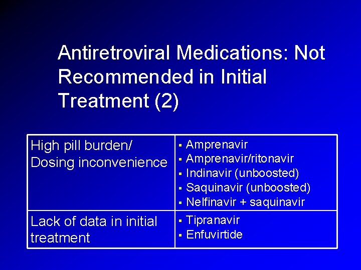 Antiretroviral Medications: Not Recommended in Initial Treatment (2) Amprenavir § Amprenavir/ritonavir § Indinavir (unboosted) Antiretroviral Medications: Not Recommended in Initial Treatment (2) Amprenavir § Amprenavir/ritonavir § Indinavir (unboosted)
