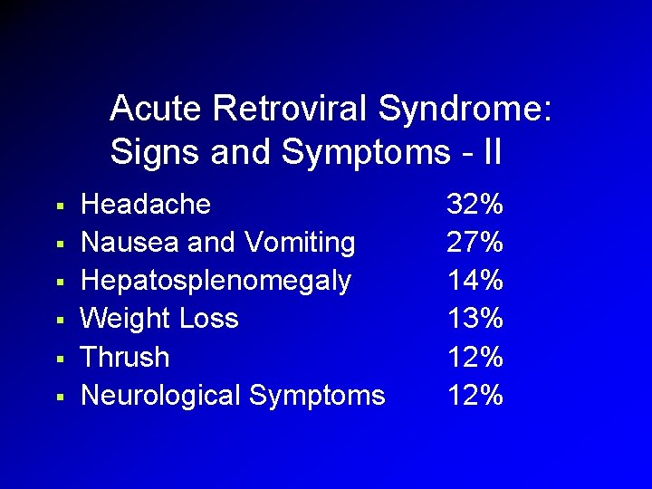 Acute Retroviral Syndrome: Signs and Symptoms - II § § § Headache Nausea and Acute Retroviral Syndrome: Signs and Symptoms - II § § § Headache Nausea and