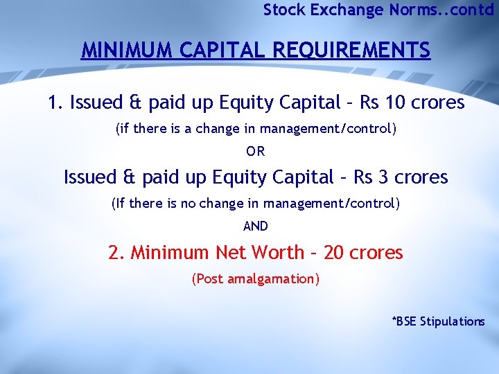 Stock Exchange Norms. . contd MINIMUM CAPITAL REQUIREMENTS 1. Issued & paid up Equity
