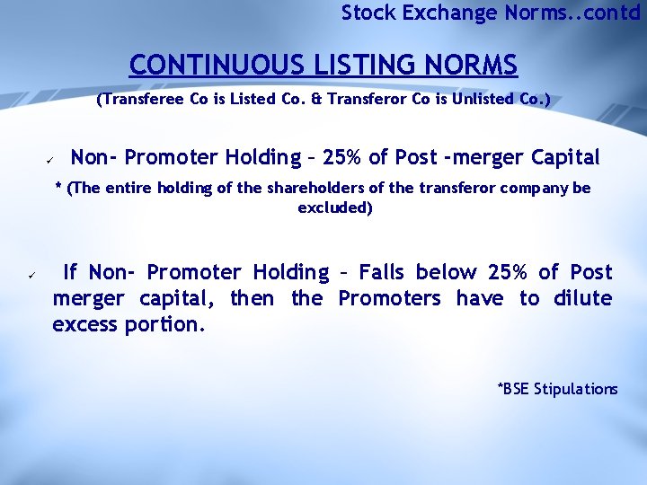 Stock Exchange Norms. . contd CONTINUOUS LISTING NORMS (Transferee Co is Listed Co. &