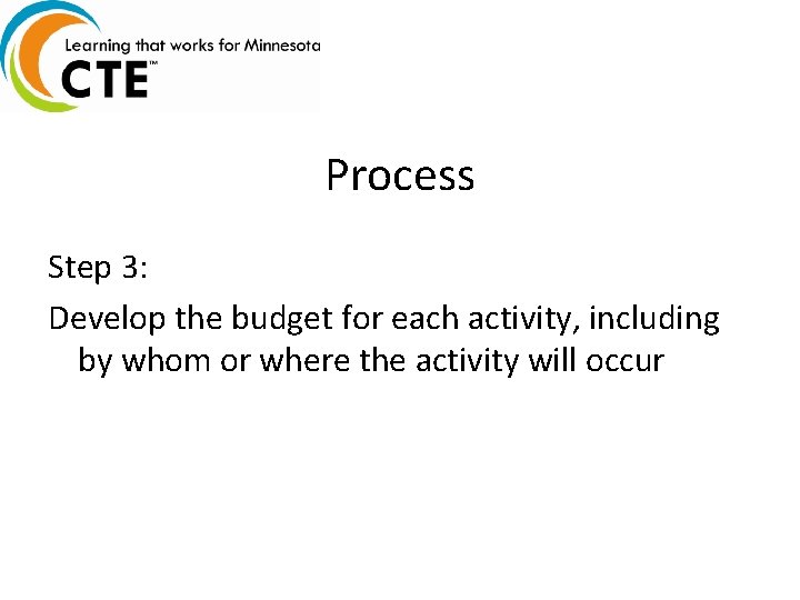 Process Step 3: Develop the budget for each activity, including by whom or where