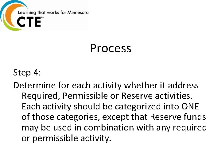 Process Step 4: Determine for each activity whether it address Required, Permissible or Reserve