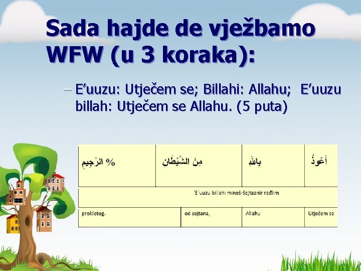 Sada hajde de vježbamo WFW (u 3 koraka): – E’uuzu: Utječem se; Billahi: Allahu; Sada hajde de vježbamo WFW (u 3 koraka): – E’uuzu: Utječem se; Billahi: Allahu;