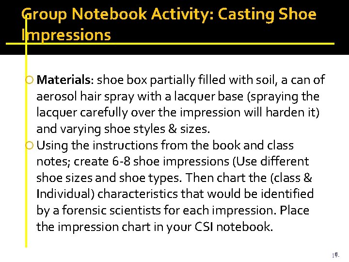 Group Notebook Activity: Casting Shoe Impressions Materials: shoe box partially filled with soil, a