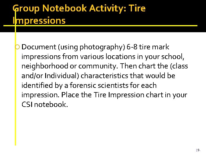 Group Notebook Activity: Tire Impressions Document (using photography) 6 -8 tire mark impressions from