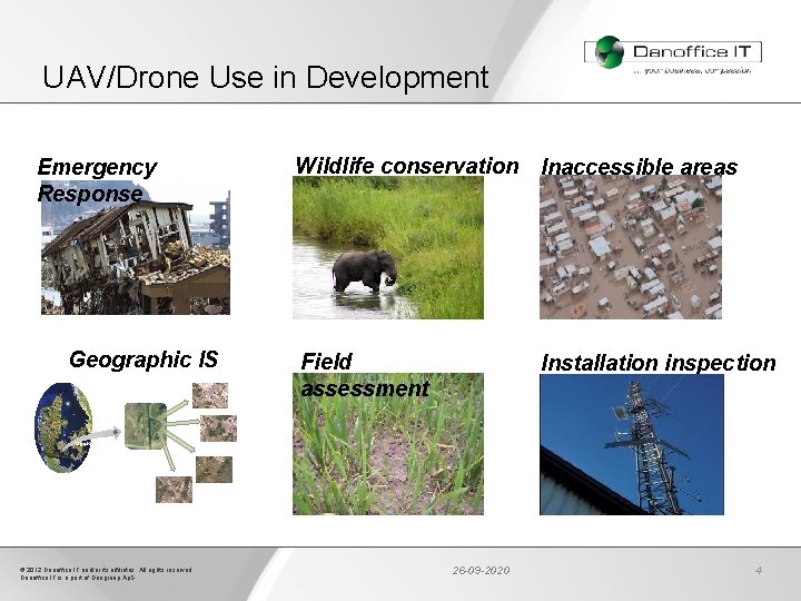 UAV/Drone Use in Development Emergency Response Geographic IS Wildlife conservation Inaccessible areas Field assessment