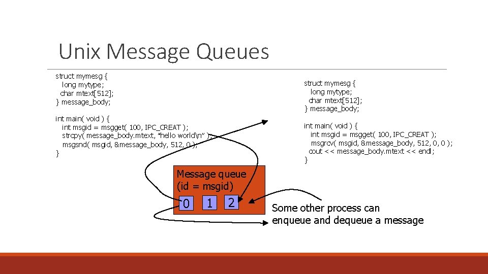 Unix Message Queues struct mymesg { long mytype; char mtext[512]; } message_body; int main(