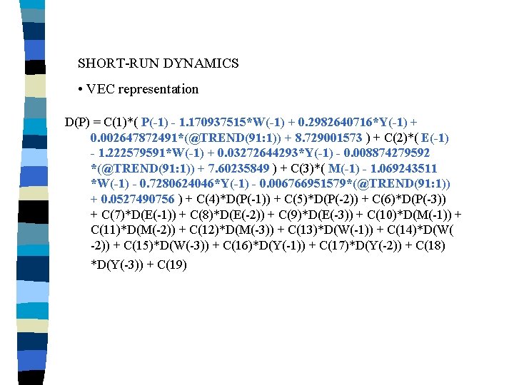 SHORT-RUN DYNAMICS • VEC representation D(P) = C(1)*( P(-1) - 1. 170937515*W(-1) + 0.