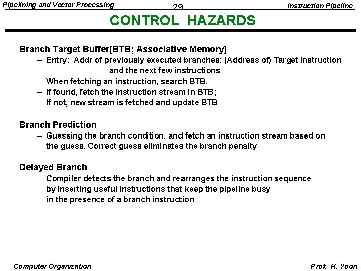 Pipelining and Vector Processing 29 Instruction Pipeline CONTROL HAZARDS Branch Target Buffer(BTB; Associative Memory)