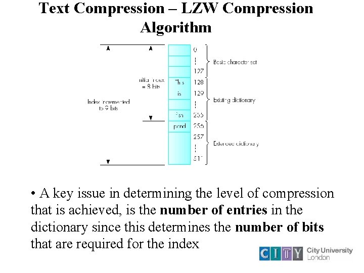 Text Compression – LZW Compression Algorithm • A key issue in determining the level