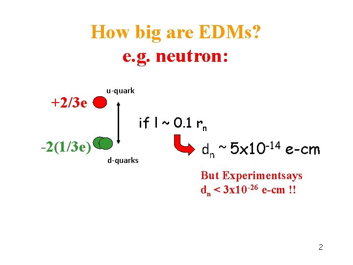 How big are EDMs? e. g. neutron: +2/3 e u-quark if l ~ 0.
