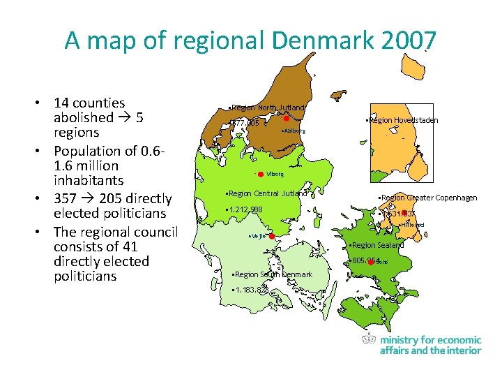 A map of regional Denmark 2007 • 14 counties abolished 5 regions • Population