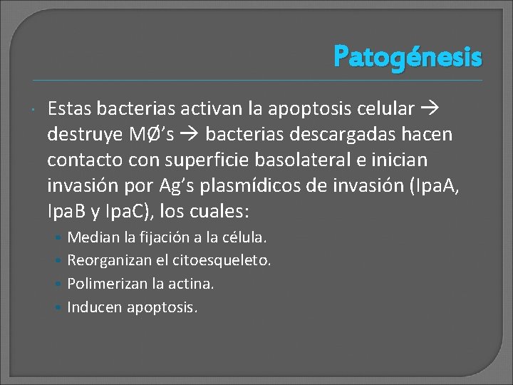 Patogénesis Estas bacterias activan la apoptosis celular destruye MØ’s bacterias descargadas hacen contacto con