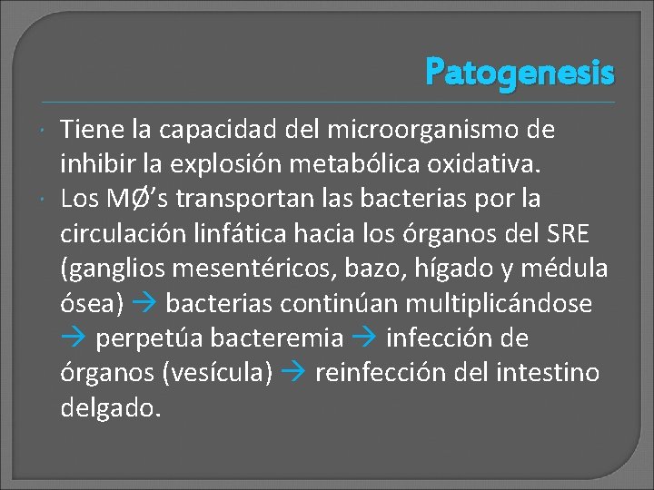 Patogenesis Tiene la capacidad del microorganismo de inhibir la explosión metabólica oxidativa. Los MØ’s